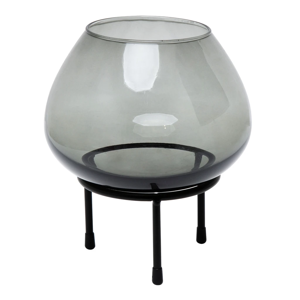 Svietnik zo sivého skla na kovovom stojane 24 cm