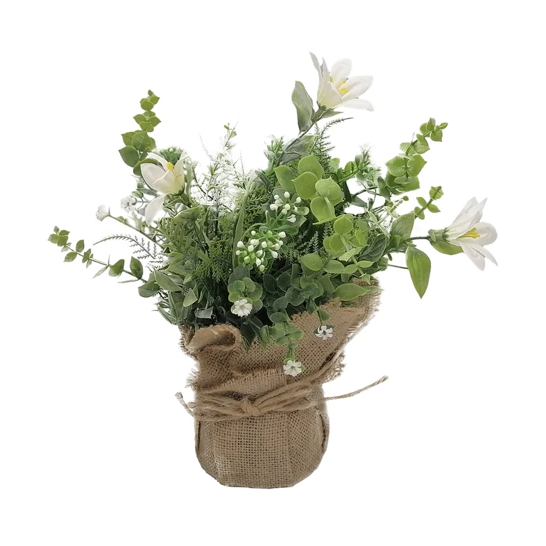Sztuczny kwiatek w worku jutowym biały 25 cm do salonu lub sypialni.