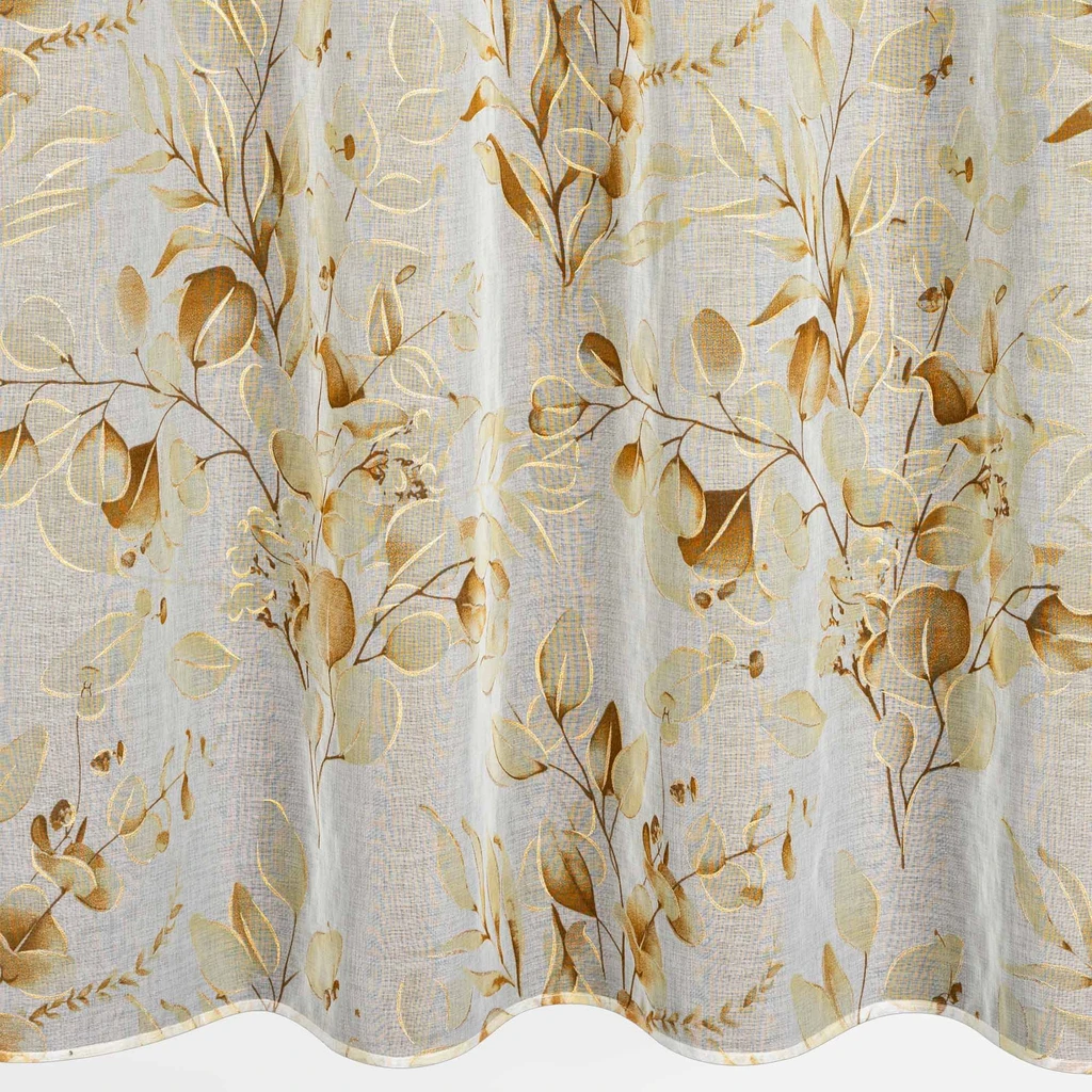 Beżowa zasłona na przelotkach ze złotym motywem liści