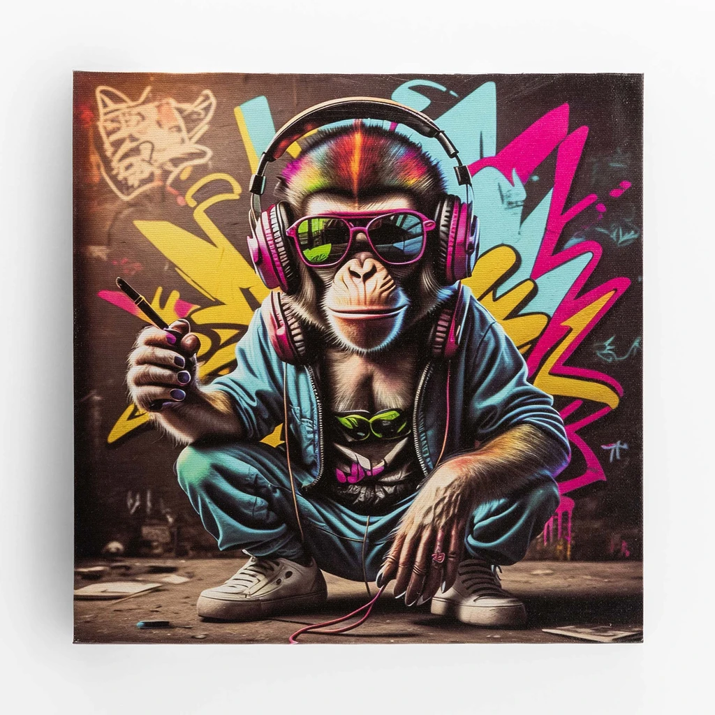 Obraz z grafiką małpy w słuchawkach