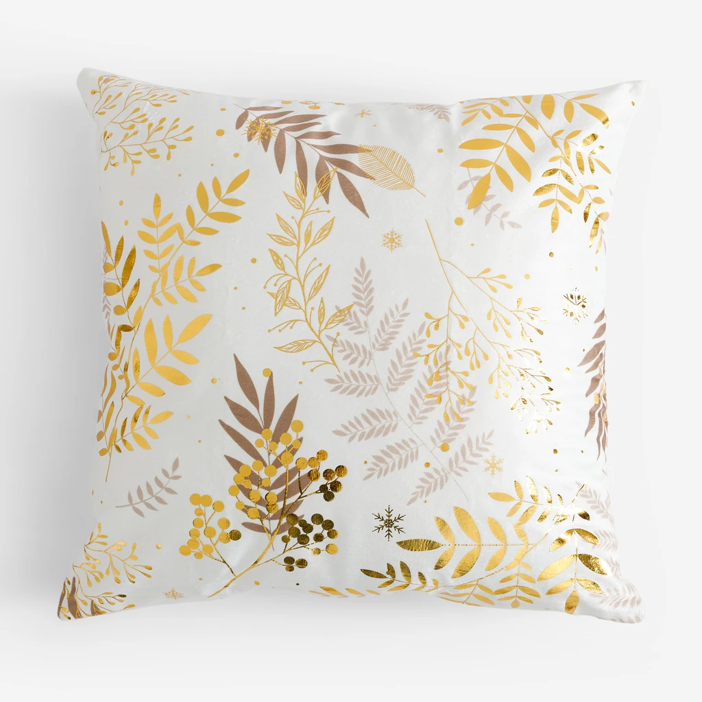 Dekoracyjna poszewka z miękkiego, białego poliestru przypominającego welwet. Na poszewce nadruk z motywem roślinnym.