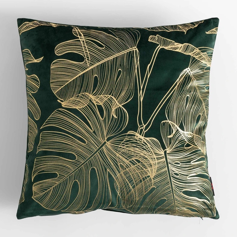 Ciemnozielona welurowa poszewka ze złotym wzorem monstery