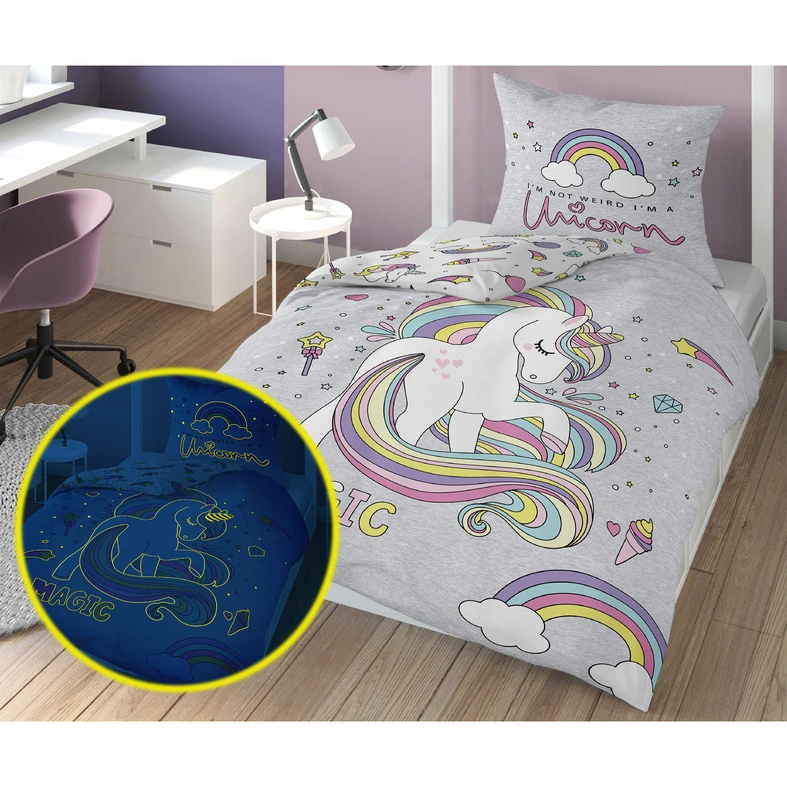 Bavlnená posteľná súprava svietiaca v tme FLUO JEDNOROŽEC 160 x 200 cm