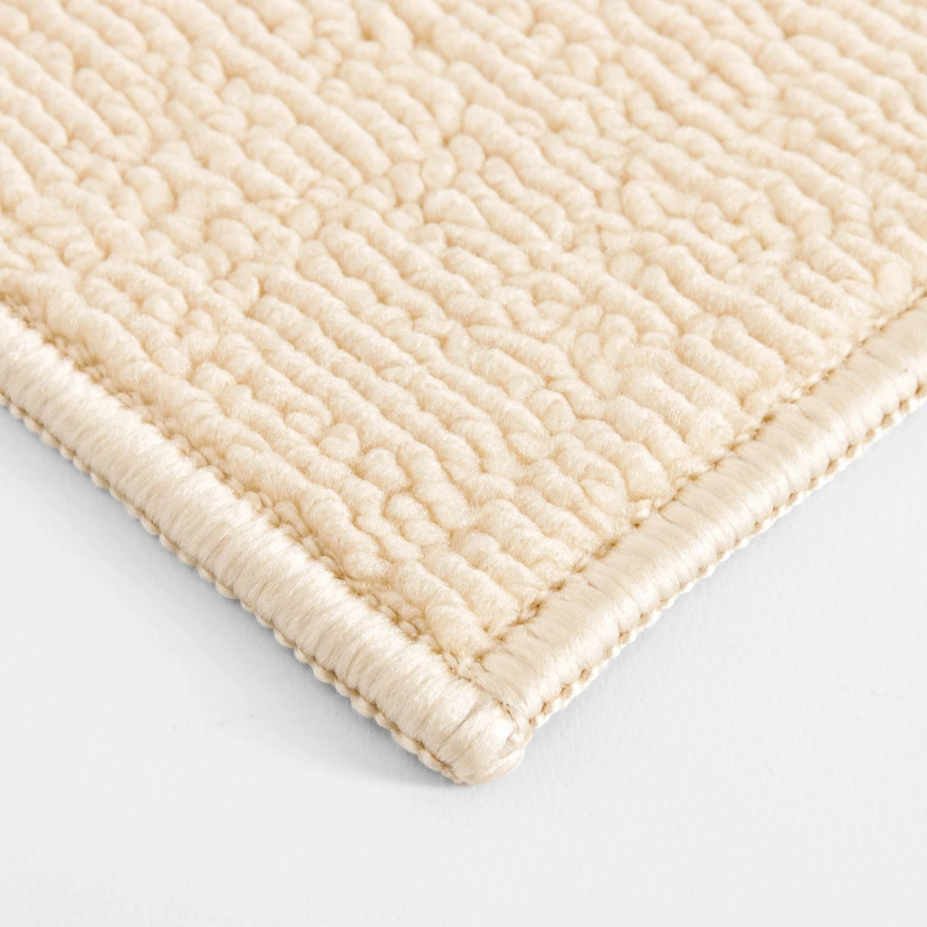 Zbliżenie na gęstą, pętelkową powierzchnię beżowego dywanika łazienkowego ze starannie obszytym brzegiem.