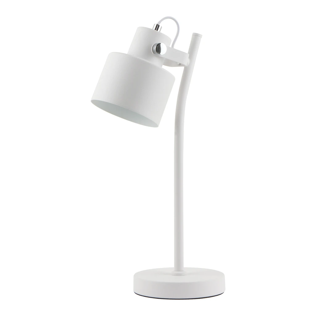 Lampa biurkowa DRACO w białym kolorze w ruchomym kloszem i okrągłą podstawą.