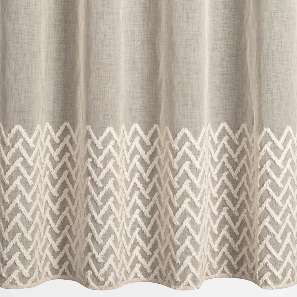 Beżowa zasłona na przelotkach z geometrycznym motywem