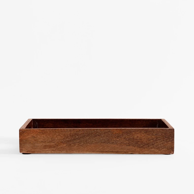 Prostokątna taca z drewna mango, z uchwytami.