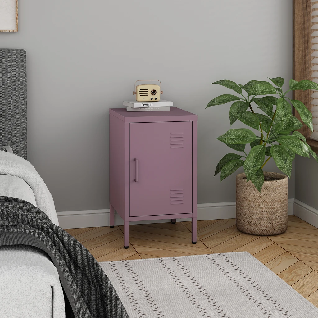 Fioletowa, metalowa szafka nocna na wysokich nóżkach.