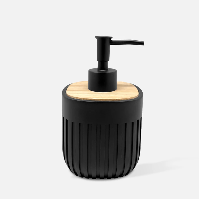 Dozownik na mydło ze żłobieniami czarny do łazienki w stylu industrialnym.