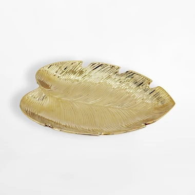 Zlatý dekoratívny tanier v tvare listu 31 cm