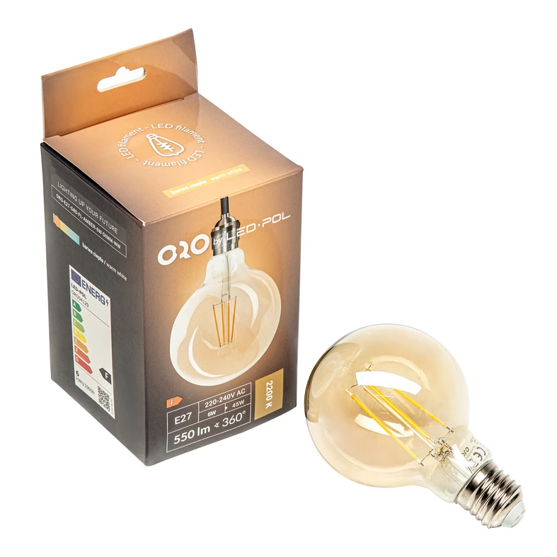 Dekoratívna LED žiarovka E27 6W teplá farba ORO-E27-G80-FL-AMBER-6W-DIMM