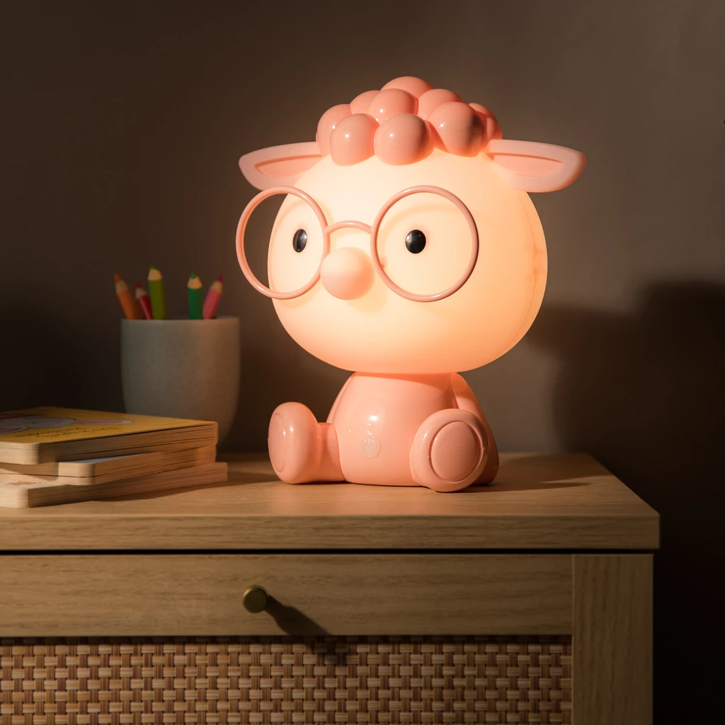 Lampka nocna OWCA LED w różowym kolorze z 3 stopniami przyciemniania.