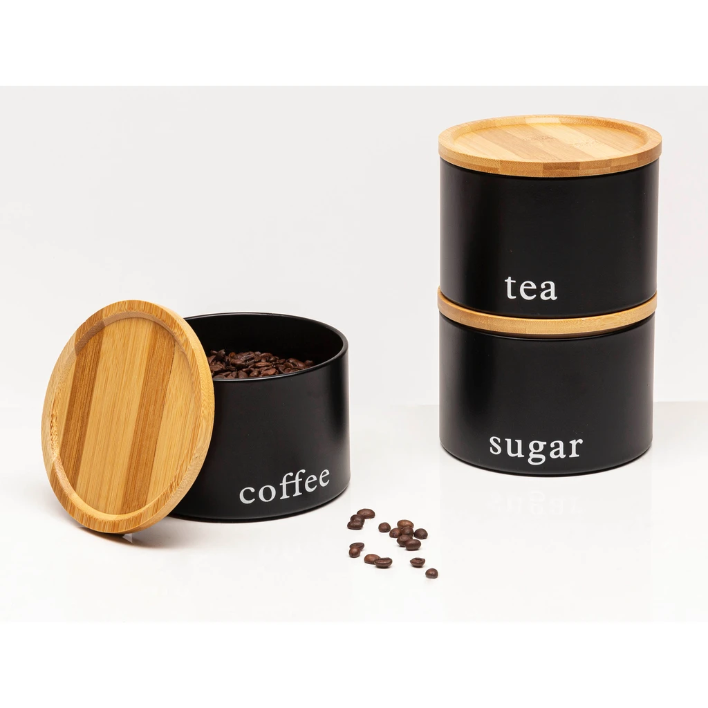 Súprava 3 nádob s bambusovými vekami Káva Čaj Cukor