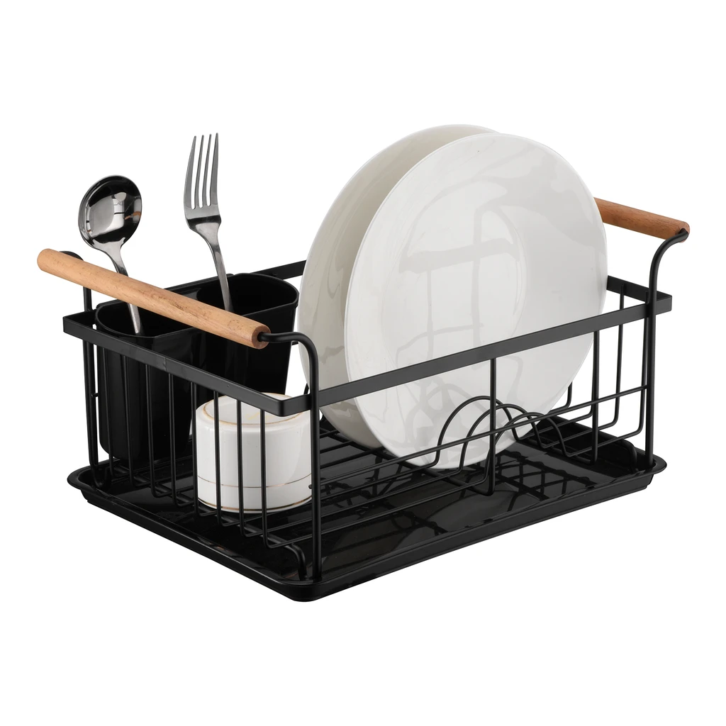 Sušička riadu s drevenými rukoväťami čierna 36x26x16,5 cm