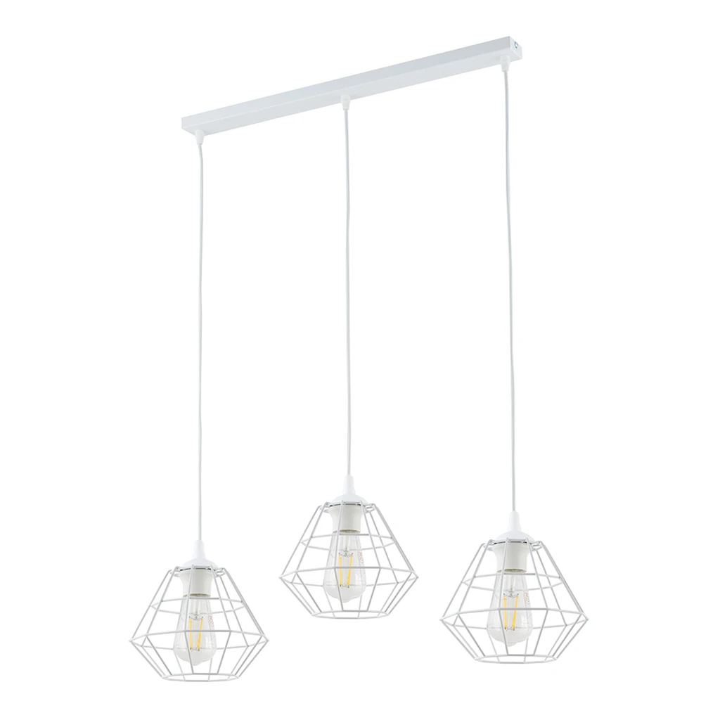 Biała lampa wisząca z kolekcji DIAMOND doskonale pasuje do salonu lub przestronnej jadalni. Wyróżnia się kloszami o kształcie geometrycznej bryły - wzoru, który świetnie pasuje do wnętrz w nowoczesnym, loftowym stylu.