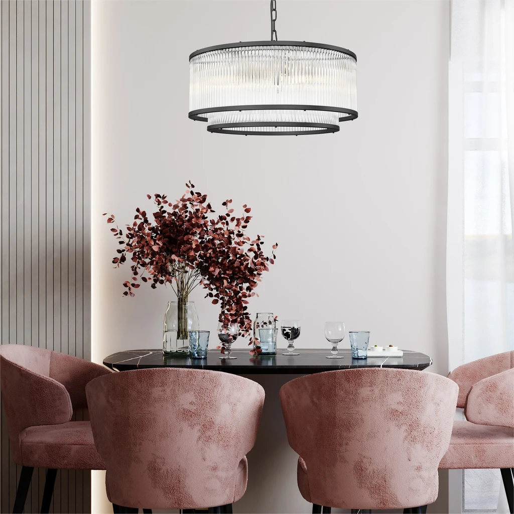 Lampę wiszącą SERGIO o średnicy 50 cm możesz wykorzystać jako ozdobę oraz oświetlenie dla salonu lub jadalni.