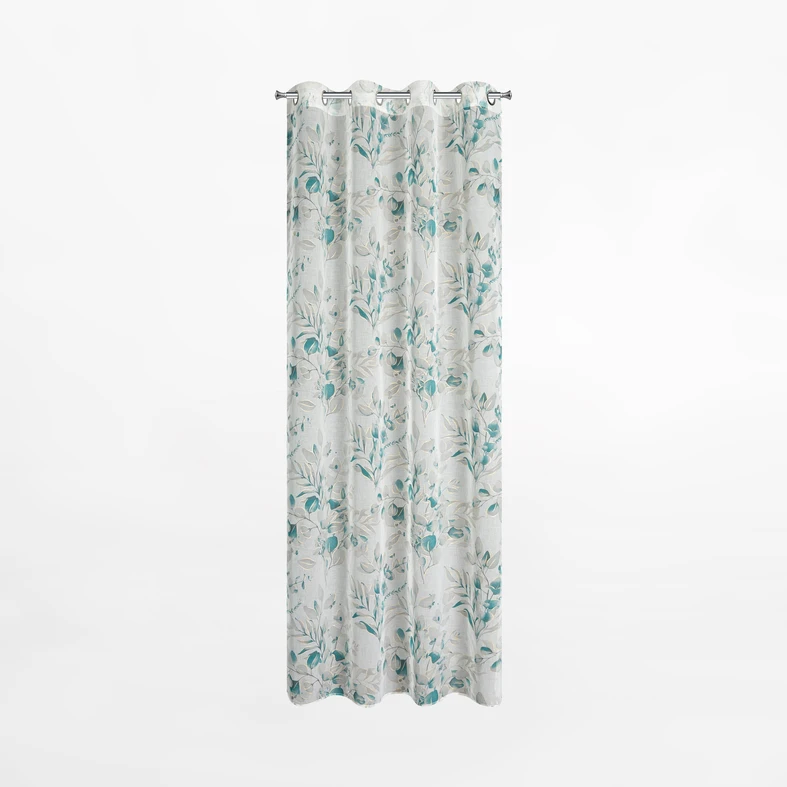 Zwiewna, elegancka zasłona na przelotkach, o motywie szaro-turkusowych liści podkreślonych złotymi akcentami.