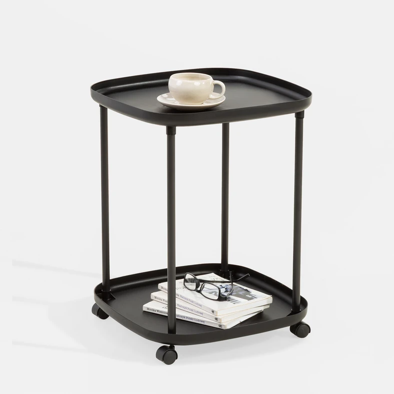 Príručný stolík na kolieskach s 2 poličkami, čierny, 39x50 cm