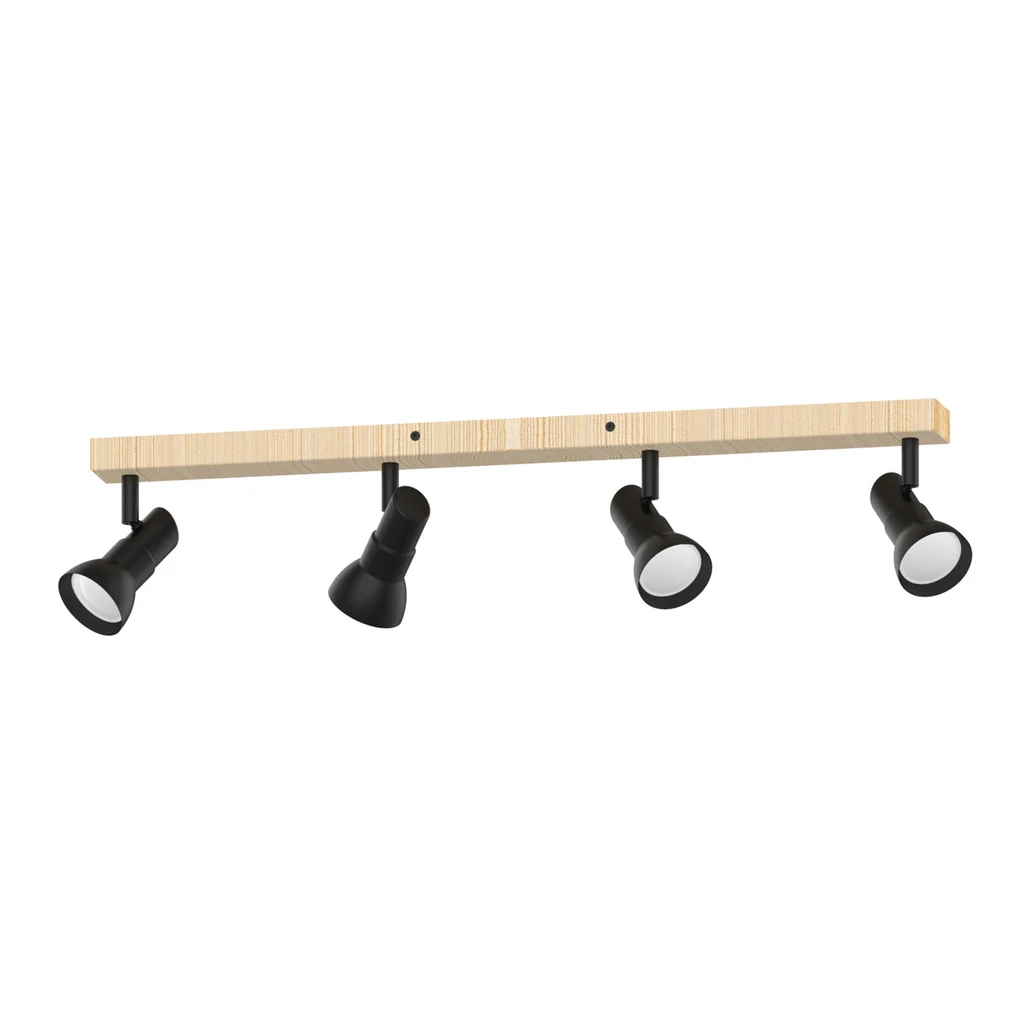 Listwa 4-punktowa TRIEST to oświetlenie, które rozjaśni i ozdobi przestrzeń zaaranżowaną w nowoczesnym stylu. Podstawę lampy wykonano z jasnego drewna o widocznym usłojeniu, a głowice z metalu wykończonego czarnym, matowym kolorem.