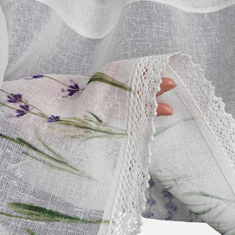 Biała zazdrostka do kuchni w fioletowe kwiaty i motylki