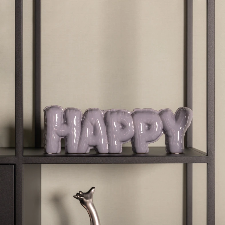 Dekorácia - nápis HAPPY v sivej farbe