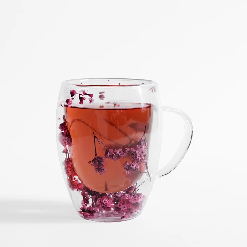 Dvojstenný sklenený hrnček RUŽOVÉ KVETY 350 ml