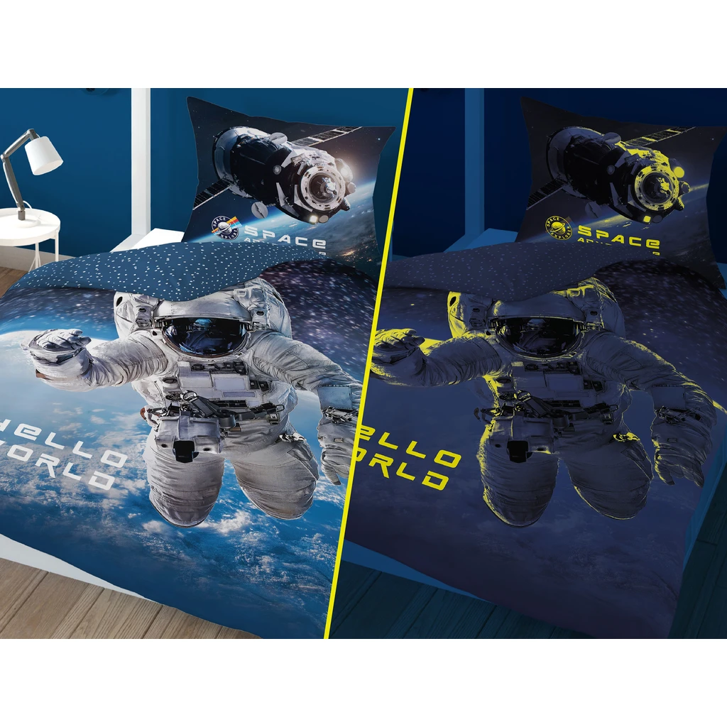 Detské obliečky so svietiacim efektom tmavomodré FLUO KOZMONAUT 160x200 cm