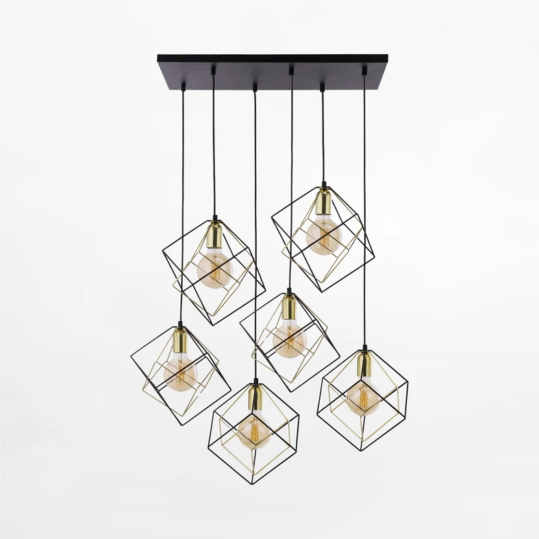 Lampa wisząca ALAMBRE zwraca uwagę geometrycznym kształtem 6 metalowych kloszy.