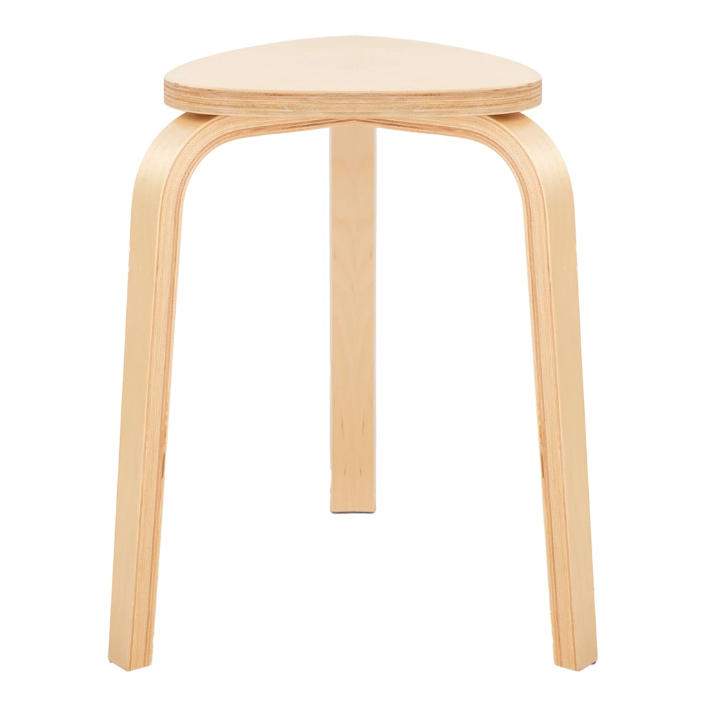 Taboret z trzema nogami i trójkątnym siedziskiem.