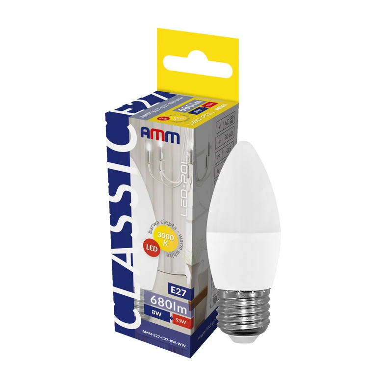 Žiarovka LED E27 8W teplá farba AMM-E27-C37-8W-WW