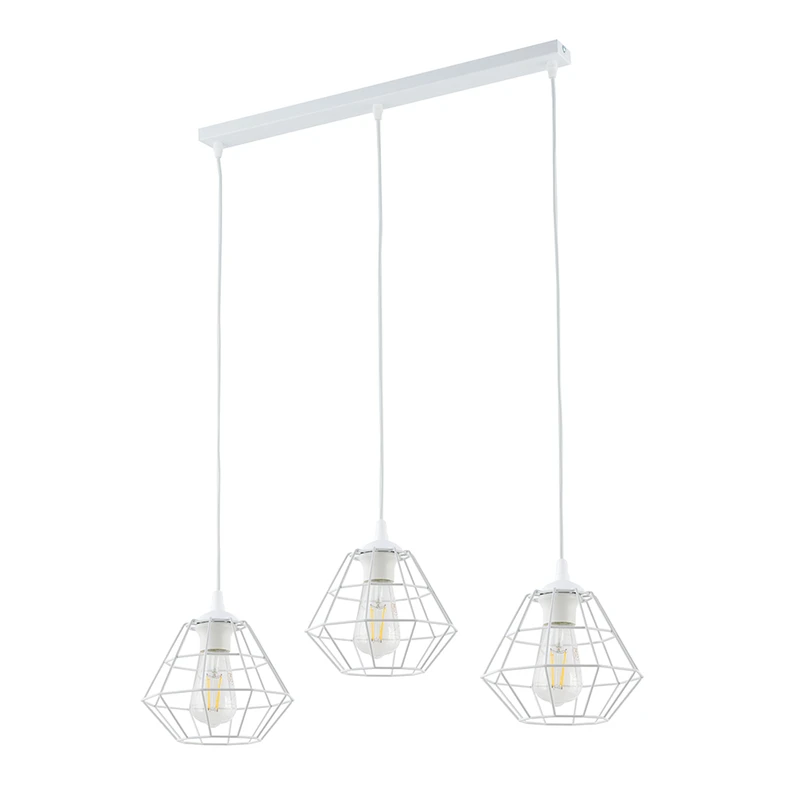 Biała lampa wisząca z kolekcji DIAMOND doskonale pasuje do salonu lub przestronnej jadalni. Wyróżnia się kloszami o kształcie geometrycznej bryły - wzoru, który świetnie pasuje do wnętrz w nowoczesnym, loftowym stylu.