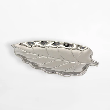 Strieborný dekoratívny tanier v tvare listu 30 cm