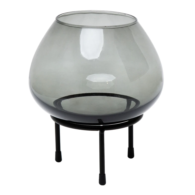Svietnik zo sivého skla na kovovom stojane 18,5 cm