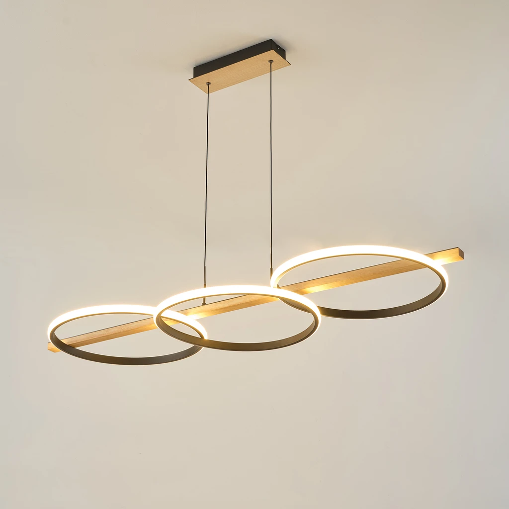 Závesné LED svietidlo 3 krúžky svetlé drevo čierne ALMERIA