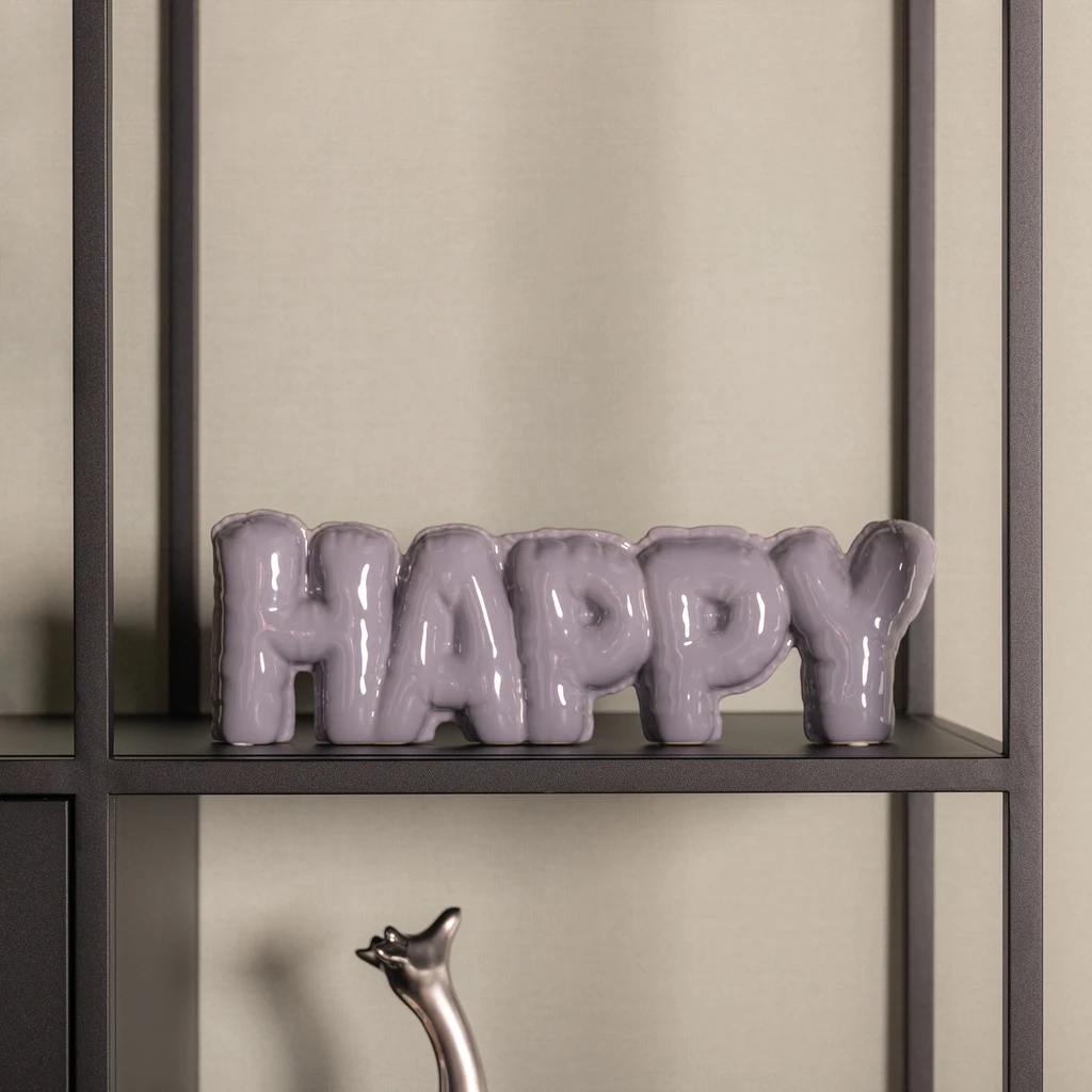 Dekorácia - nápis HAPPY v sivej farbe