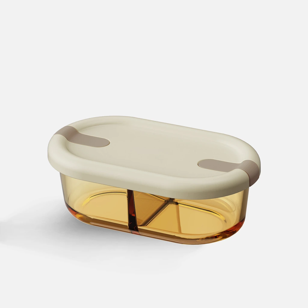 Szklany pojemnik lunchbox z przegródką, w jasnobursztynowym kolorze, z beżowym wieczkiem i szarymi zatrzaskami z polipropylenu.