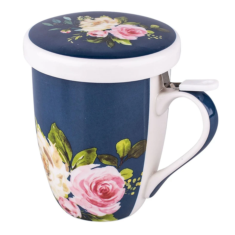 Hrnček s filtrom a vrchnákom, tmavomodrý s kvetmi AMELIA 300 ml