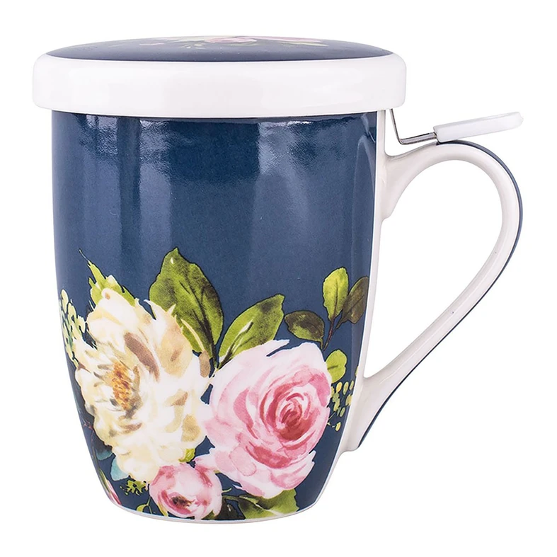 Hrnček s filtrom a vrchnákom, tmavomodrý s kvetmi AMELIA 300 ml