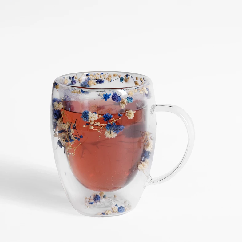 Dvojstenný sklenený hrnček MODRÉ KVETY 350 ml