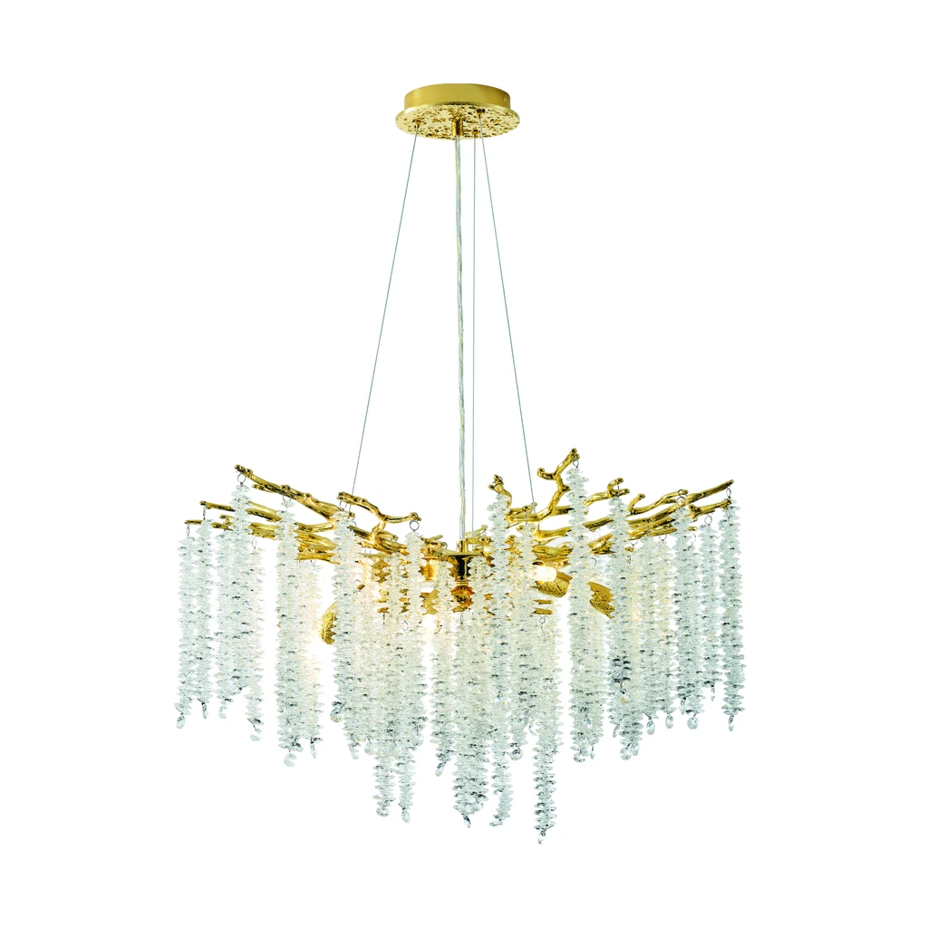 Baśniowy design DIJON lampy podkreślają szklane kryształki w postaci pędów na kształt mchu hiszpańskiego.