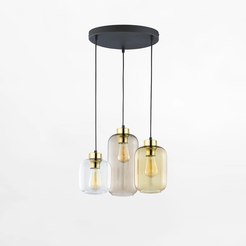 Lampa wisząca MARCO BROWN posiada 3 szklane klosze - transparentny, miodowy i brązowy.