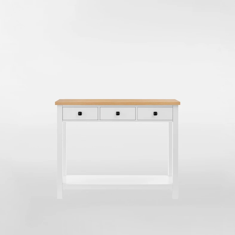 Biała konsola z 3 szufladami i półką.